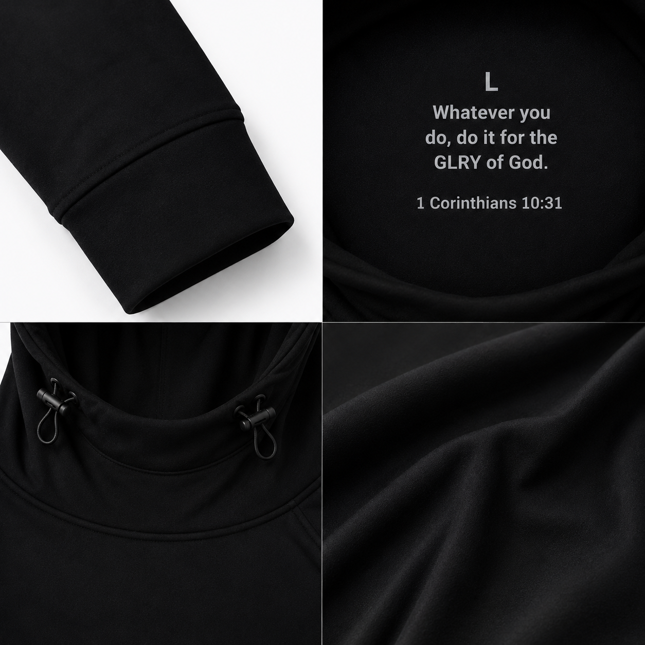 Black high-neck hoodie detail: ribbed cuff and inner verse text