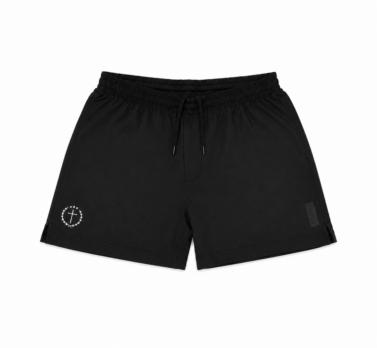 Black 5-inch drawstring shorts with elastic waistband and side logo patch