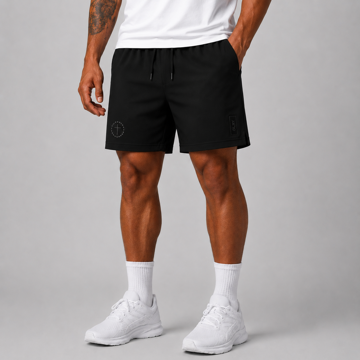 Men's black 7-inch shorts with drawstring and side logo patch