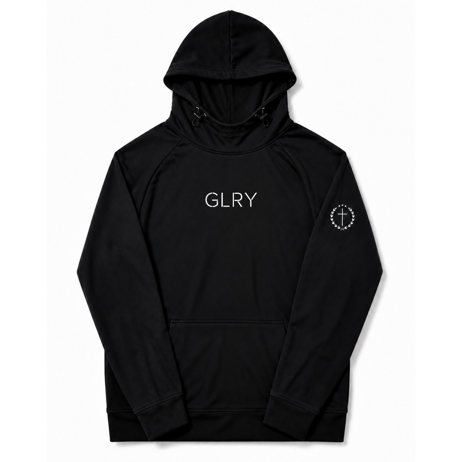 Black high-neck hoodie with hood and GLRY chest logo, flat view