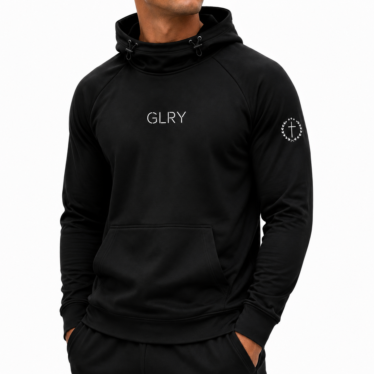 Black high-neck hoodie with hood, kangaroo pocket, GLRY chest logo