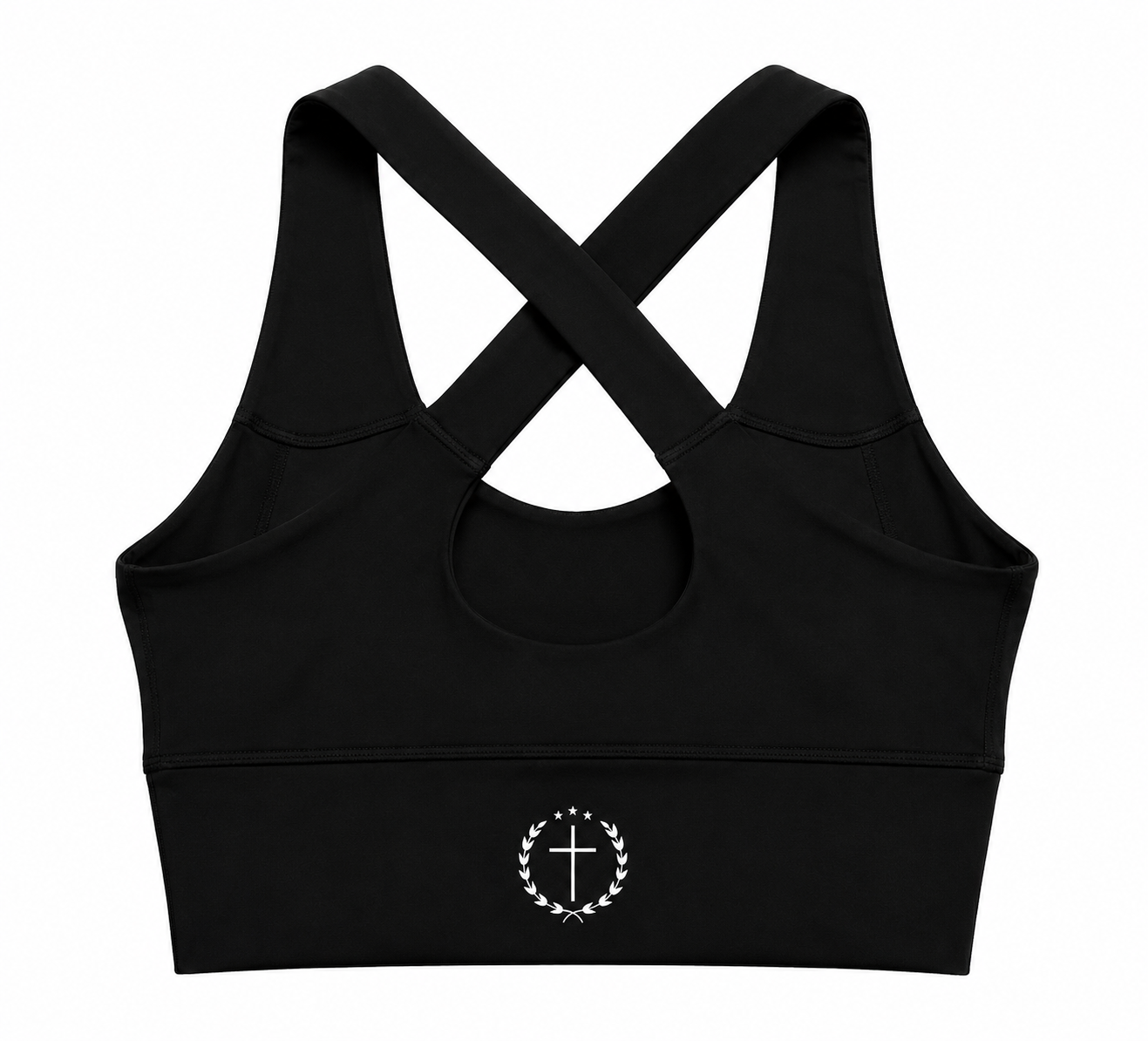 Black sports bra with crisscross straps and circular chest logo, wide bottom band
