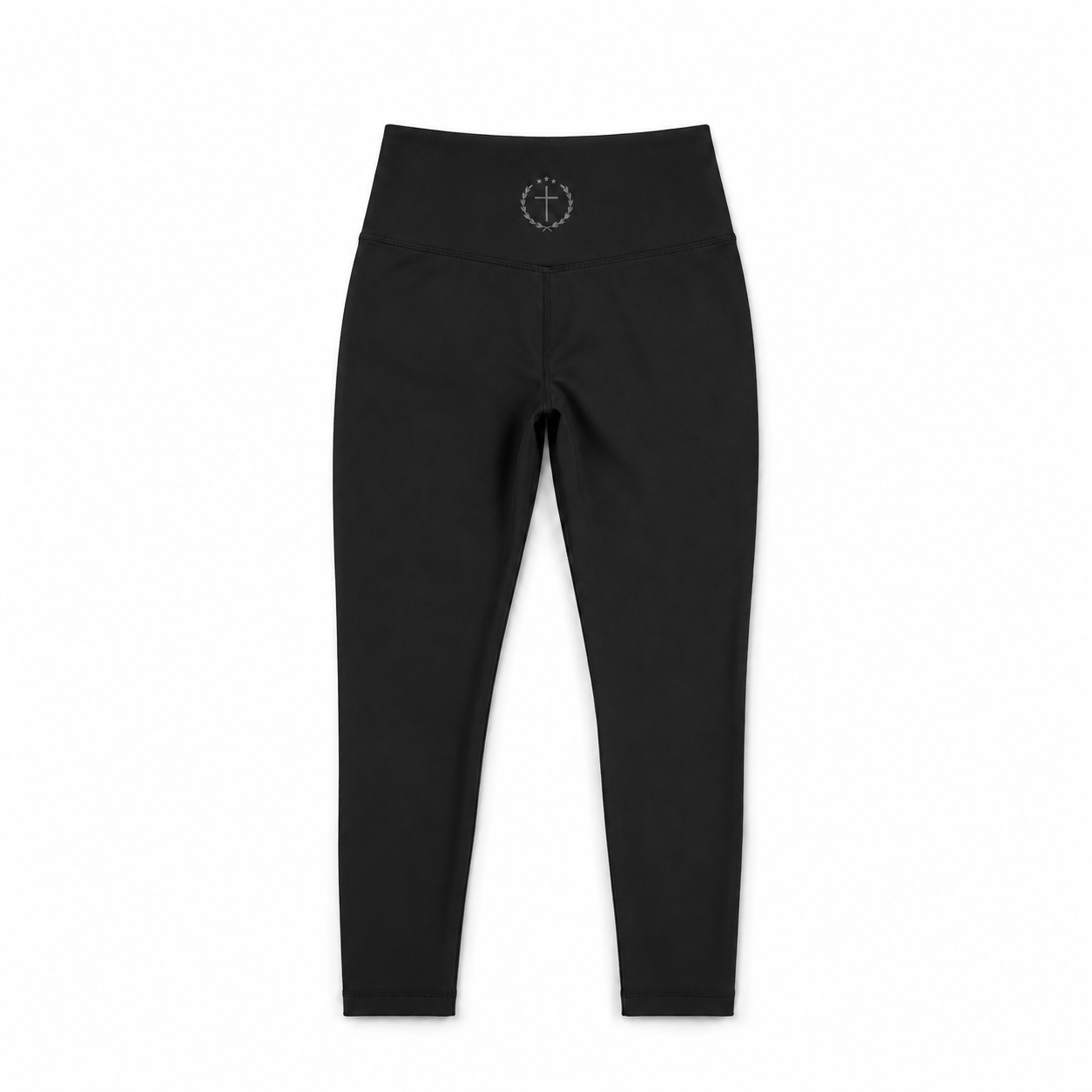 Black leggings laid flat with waistband logo, ankle-length