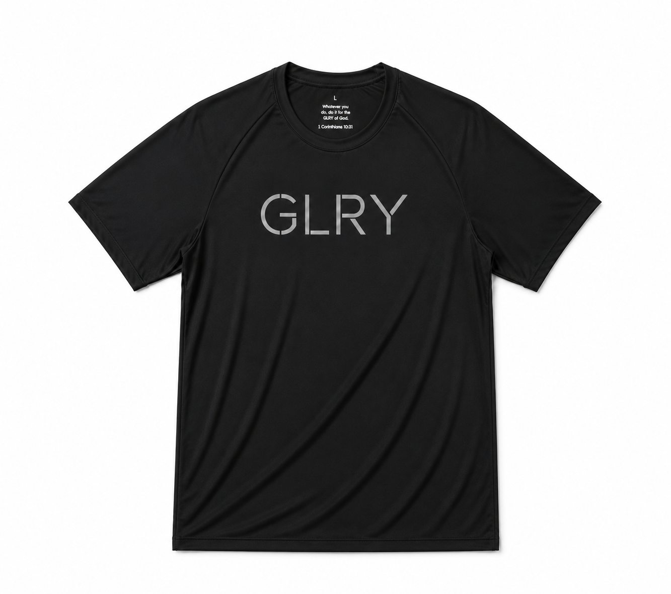 Black GLRY graphic tee with crew neck and short sleeves