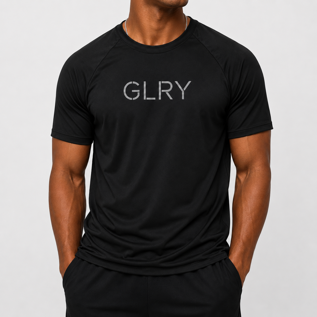 Black crewneck T-shirt with short sleeves and GLRY logo on chest