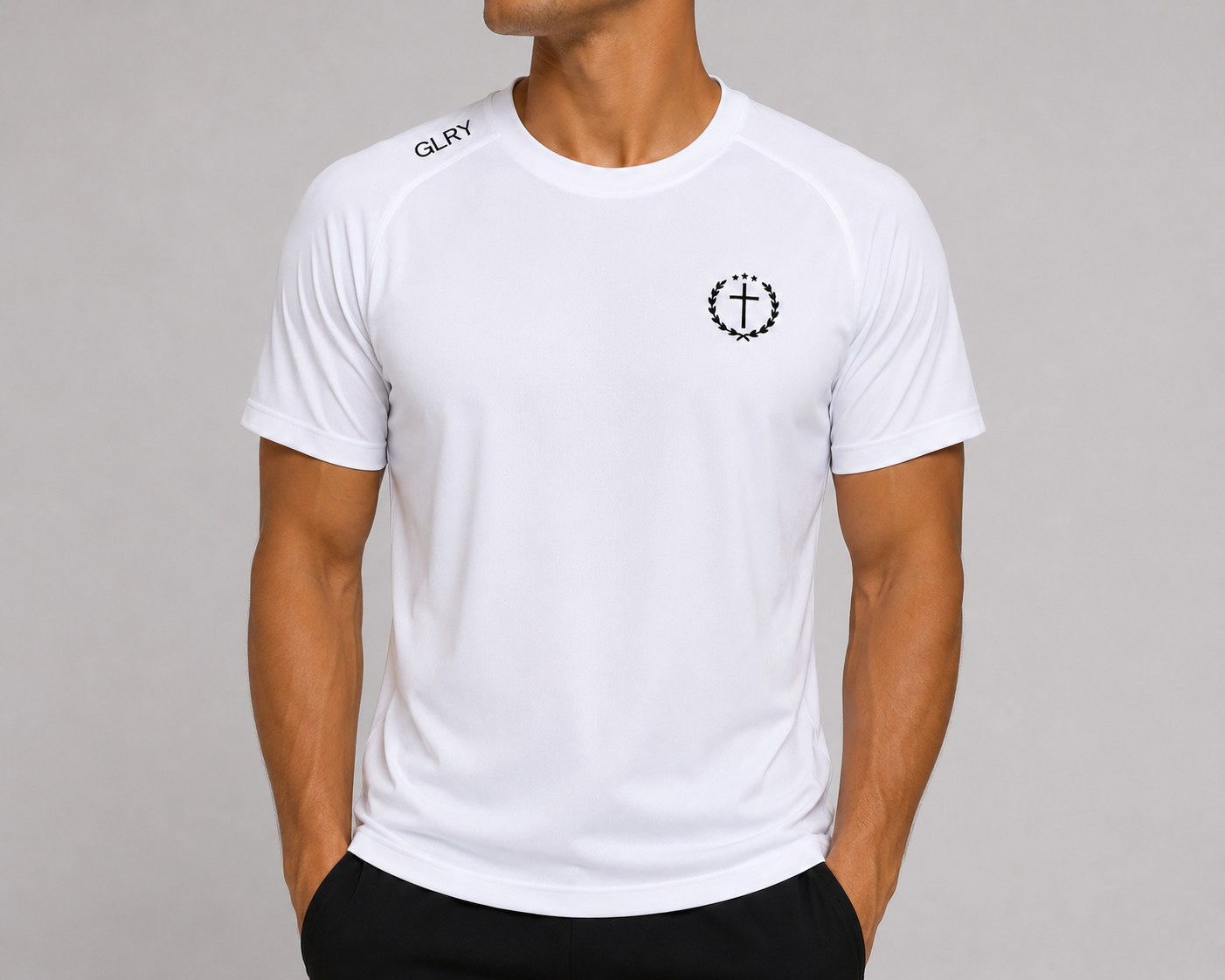 White Founder's Tee close-up of size M and scripture text on chest