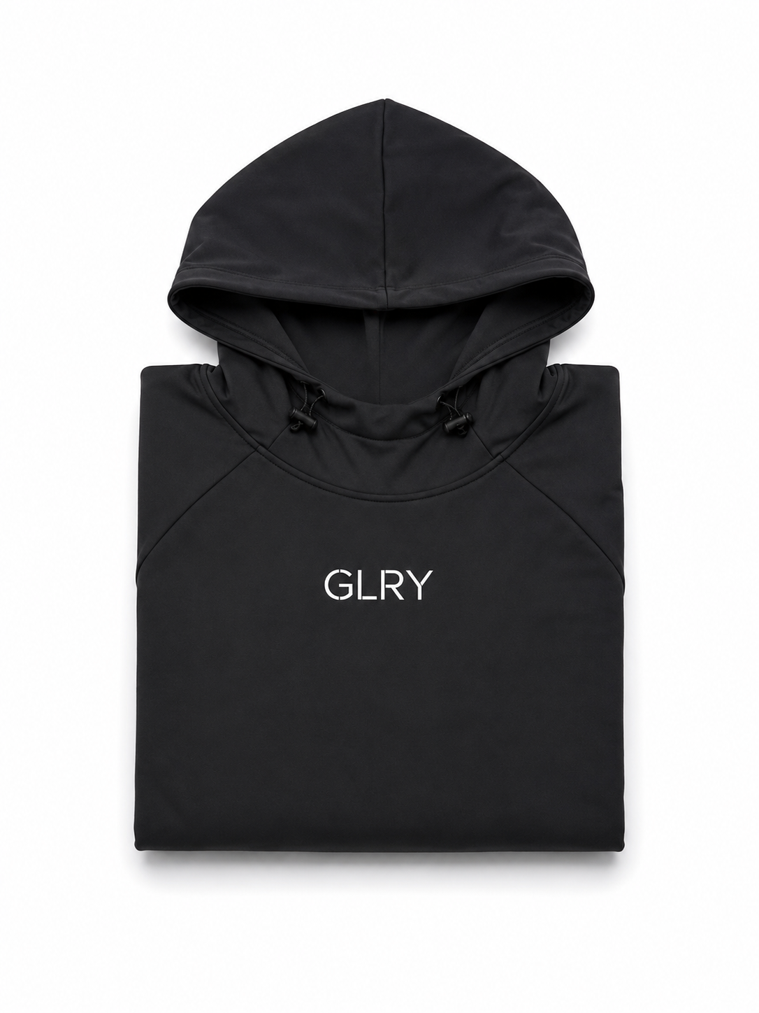 Black high-neck hoodie with hood and GLRY chest logo, flat view
