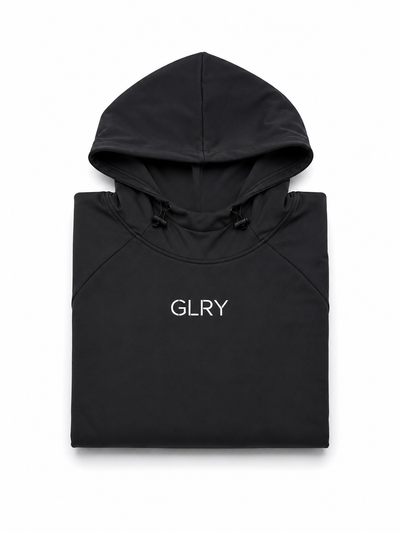 Black high-neck hoodie with hood and GLRY chest logo, flat view