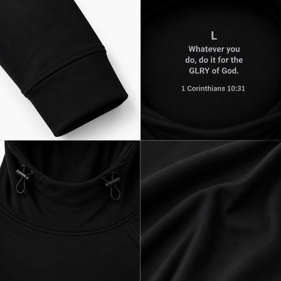 Black high-neck hoodie detail: ribbed cuff and inner verse text