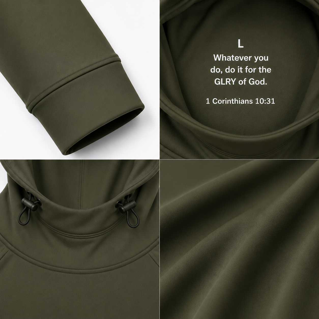 Olive high-neck hoodie detail: ribbed cuff and inner verse text