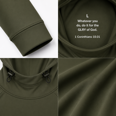 Olive high-neck hoodie detail: ribbed cuff and inner verse text