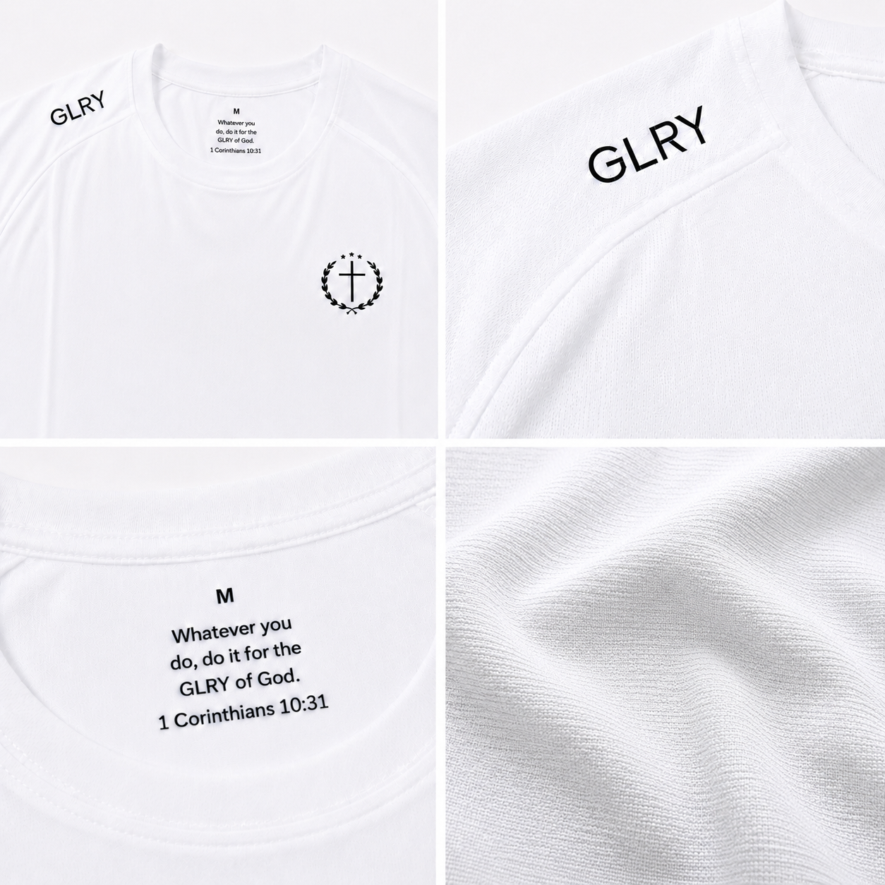 White Founder's Tee close-up of size M scripture print and knit fabric texture