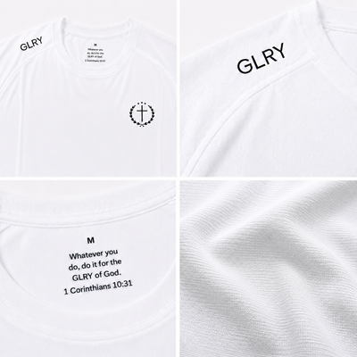 White Founder's Tee close-up of size M scripture print and knit fabric texture