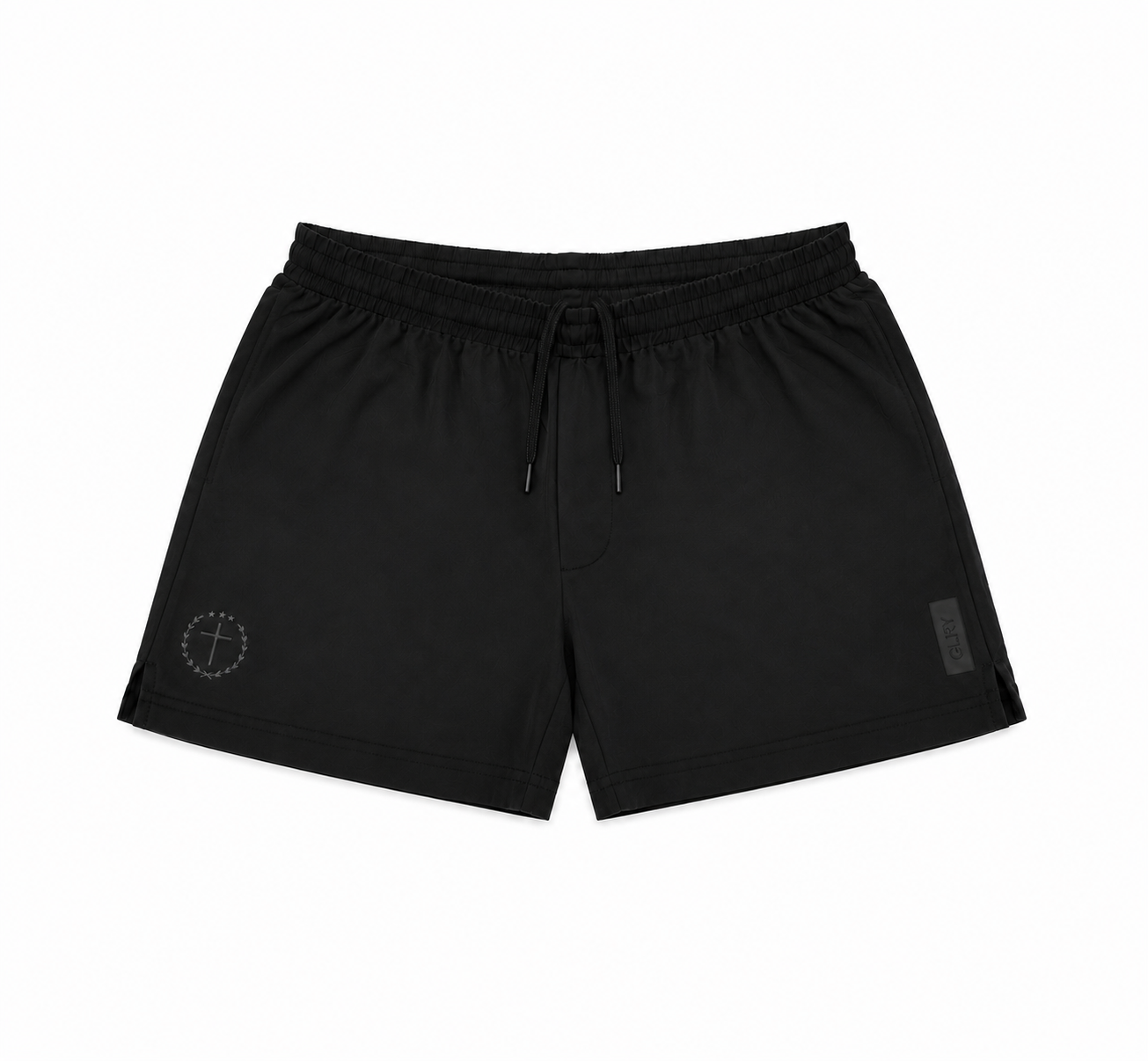 Black 5" casual shorts with elastic waistband and drawstring