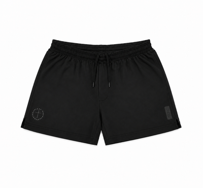 Black 5" casual shorts with elastic waistband and drawstring