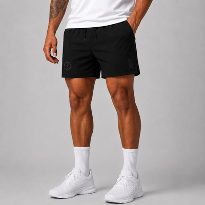 Black 5" shorts on model with drawstring elastic waistband and side pocket