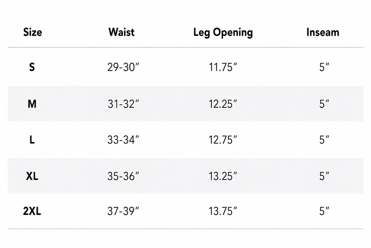 Size chart for men's 5" black shorts