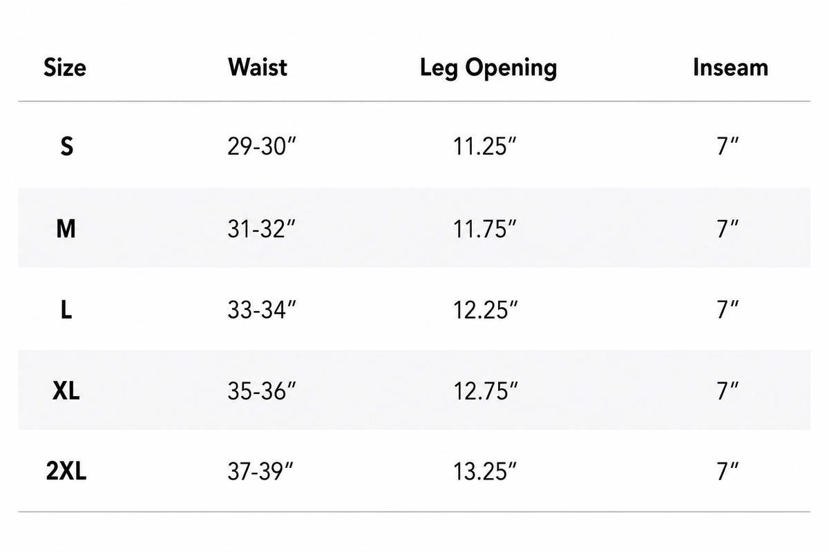 Size chart for men's 7" black shorts