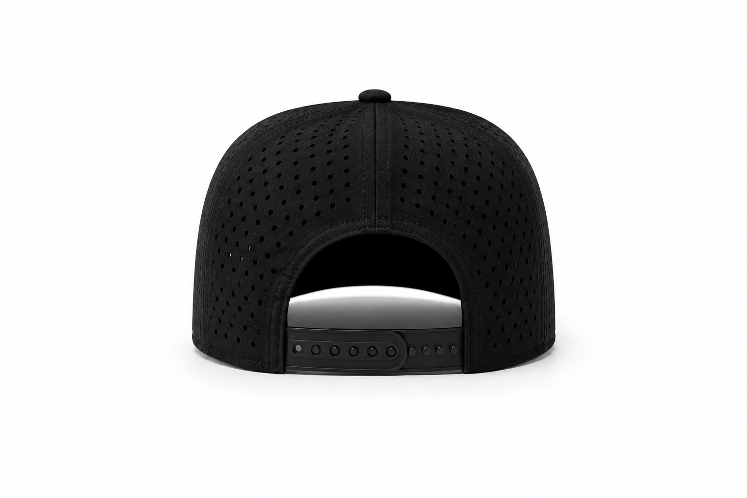 Black cap back view with perforated panels and adjustable strap at opening.