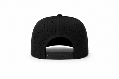 Black cap back view with perforated panels and adjustable strap at opening.