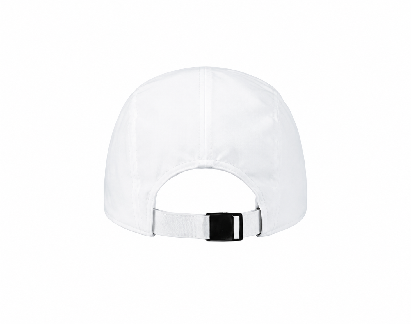 White running hat with adjustable strap at back opening