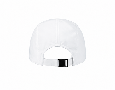 White running hat with adjustable strap at back opening