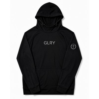 Black high-neck hoodie with hood and GLRY chest logo, flat view