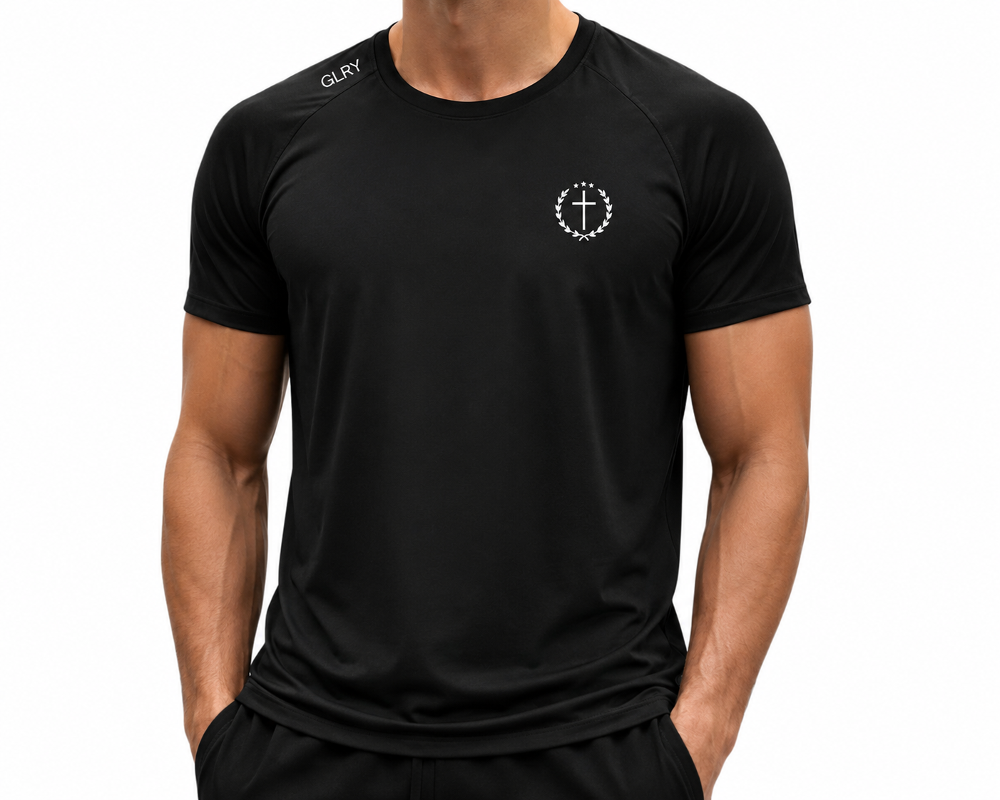 Black Founder's Tee with GLRY logo and circular anchor emblem on chest