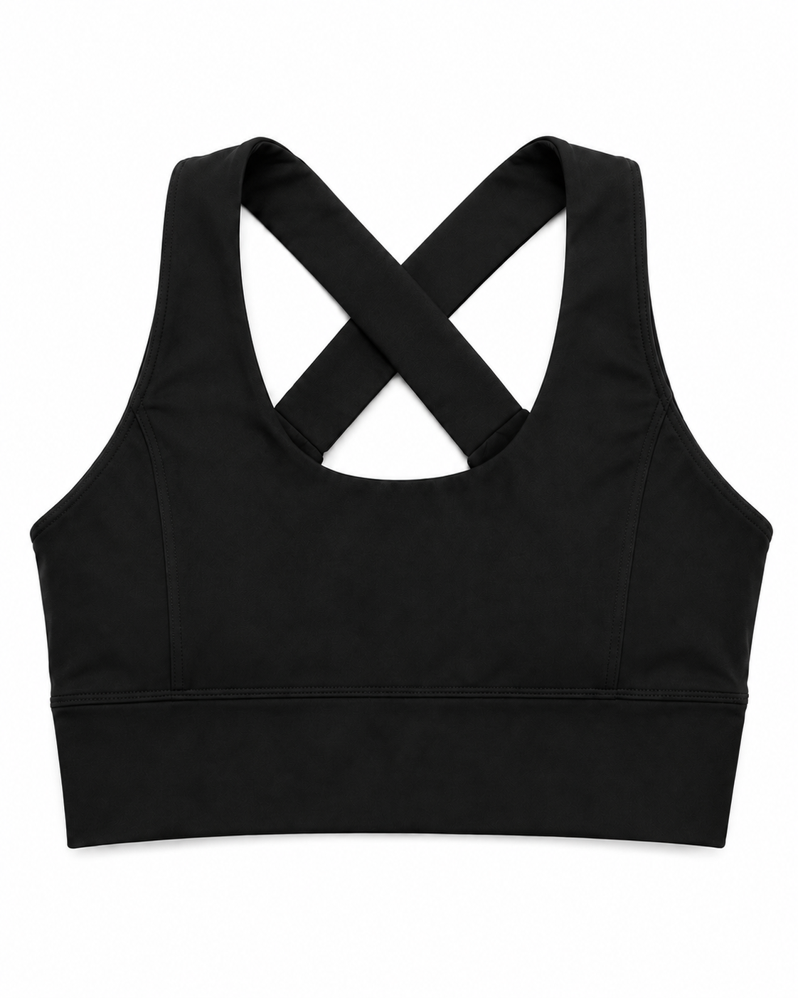 Black sports bra with crisscross straps and smooth front, wide elastic hem band