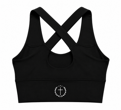 Black sports bra with crisscross straps and circular chest logo, wide bottom band
