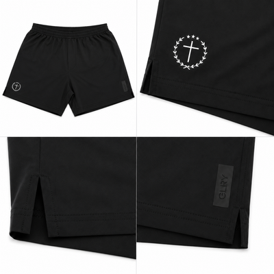 Black GLRY 5-inch shorts with elastic waistband, drawcord, side logo print