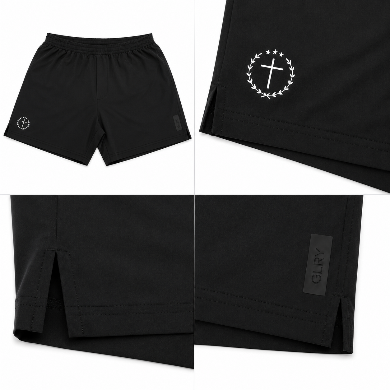 Black 7-inch shorts with elastic waistband, drawstring, circular side logo, hem label patch