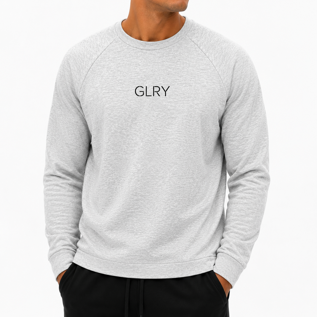 Heather gray crewneck sweatshirt with long sleeves and GLRY chest logo