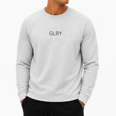 Heather gray crewneck sweatshirt with long sleeves and GLRY chest logo