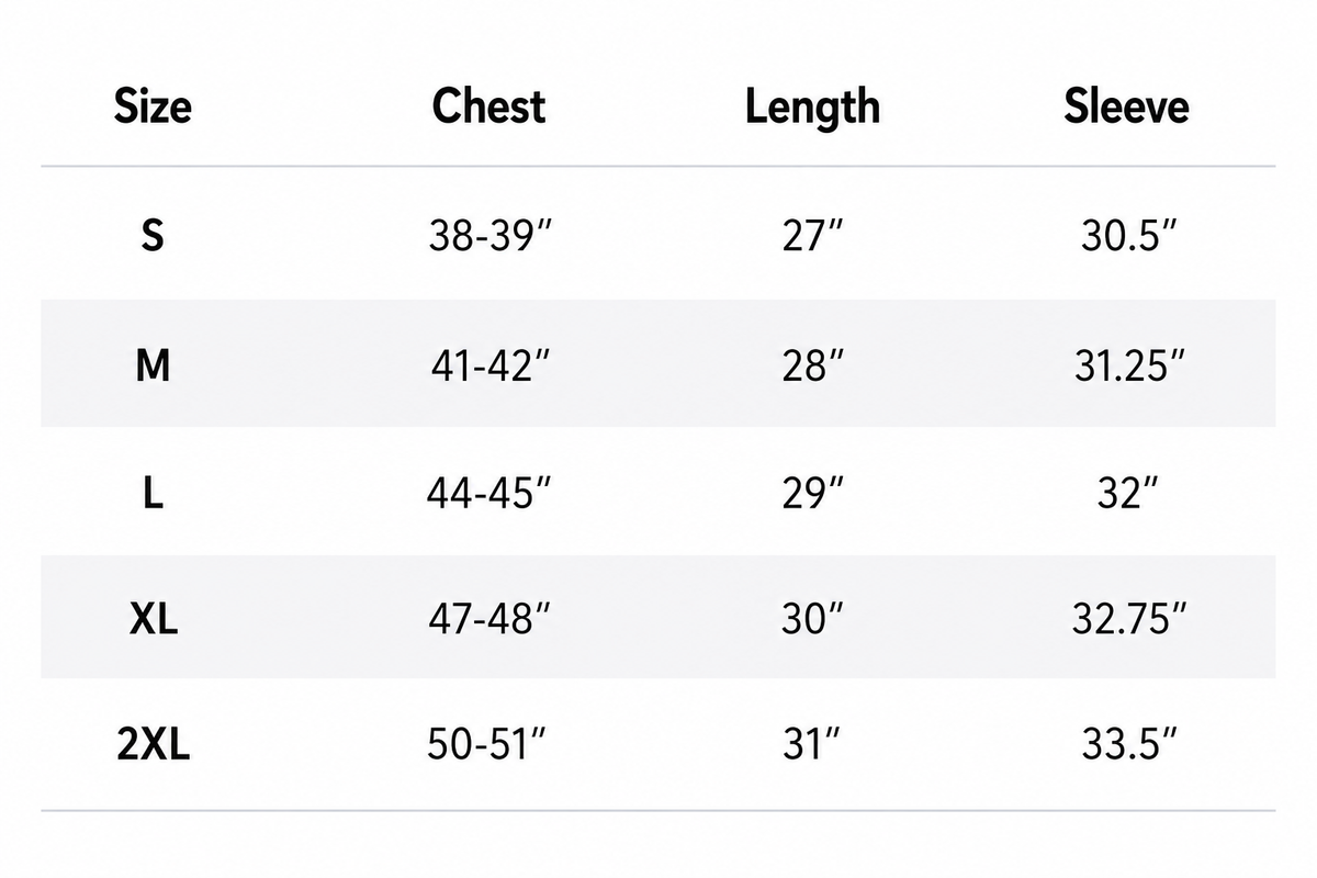 Size chart for crewneck sweatshirt with measurements in inches