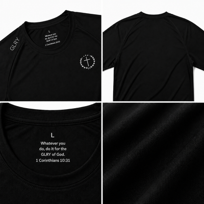 Black Founder's Tee close-up with neckline text, size L print, and fabric texture