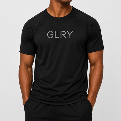 Black crewneck T-shirt with short sleeves and GLRY logo on chest