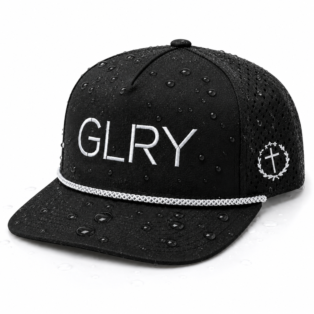 Black cap with water droplets, GLRY logo and anchor emblem, rope band, curved brim.