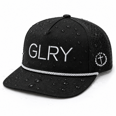Black cap with water droplets, GLRY logo and anchor emblem, rope band, curved brim.