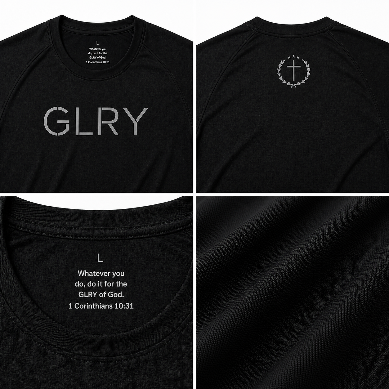 Black GLRY tee with front logo, back anchor emblem, and scripture print