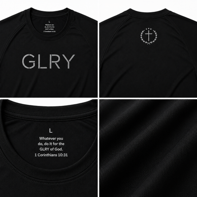 Black GLRY tee with front logo, back anchor emblem, and scripture print