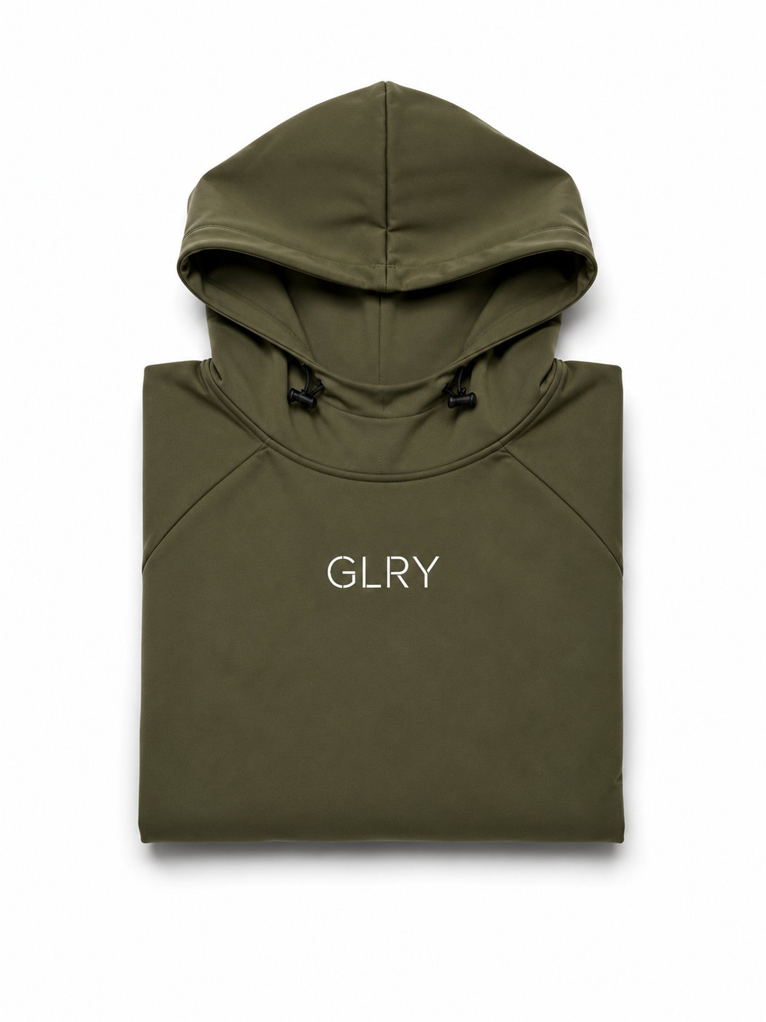Olive high-neck hoodie with hood and GLRY chest logo, flat view