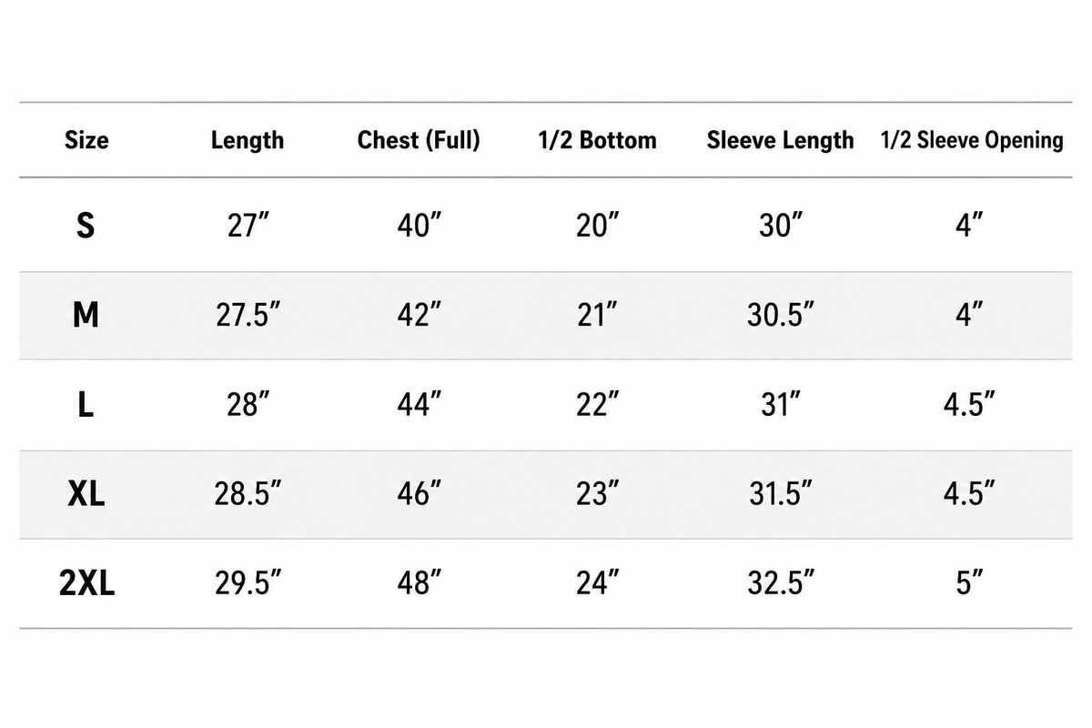Size chart for men's hoodie with measurements in inches