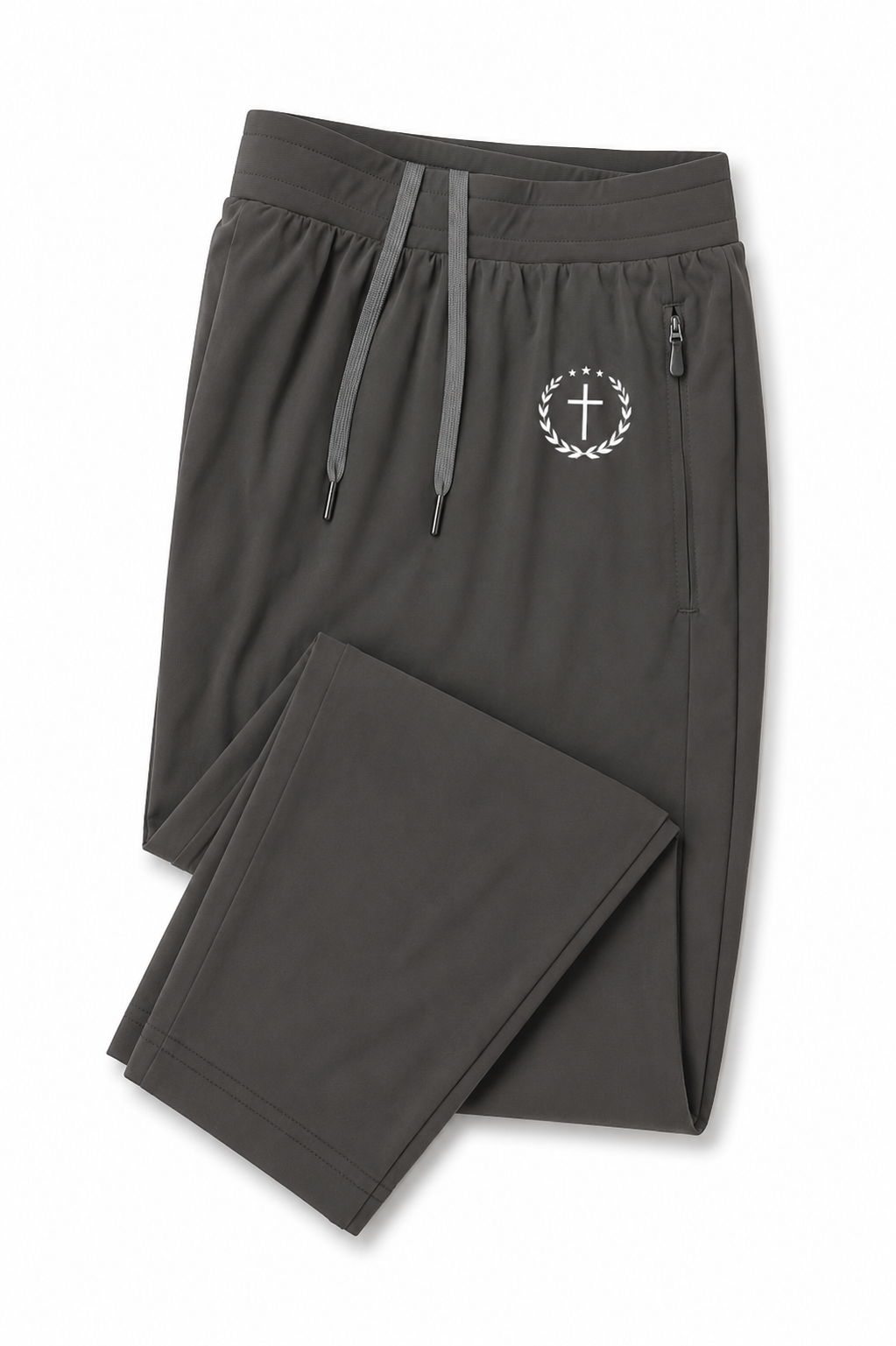Gray joggers with elastic waist and drawstring, circle logo embroidery on thigh