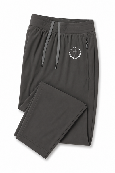 Gray joggers with elastic waist and drawstring, circle logo embroidery on thigh