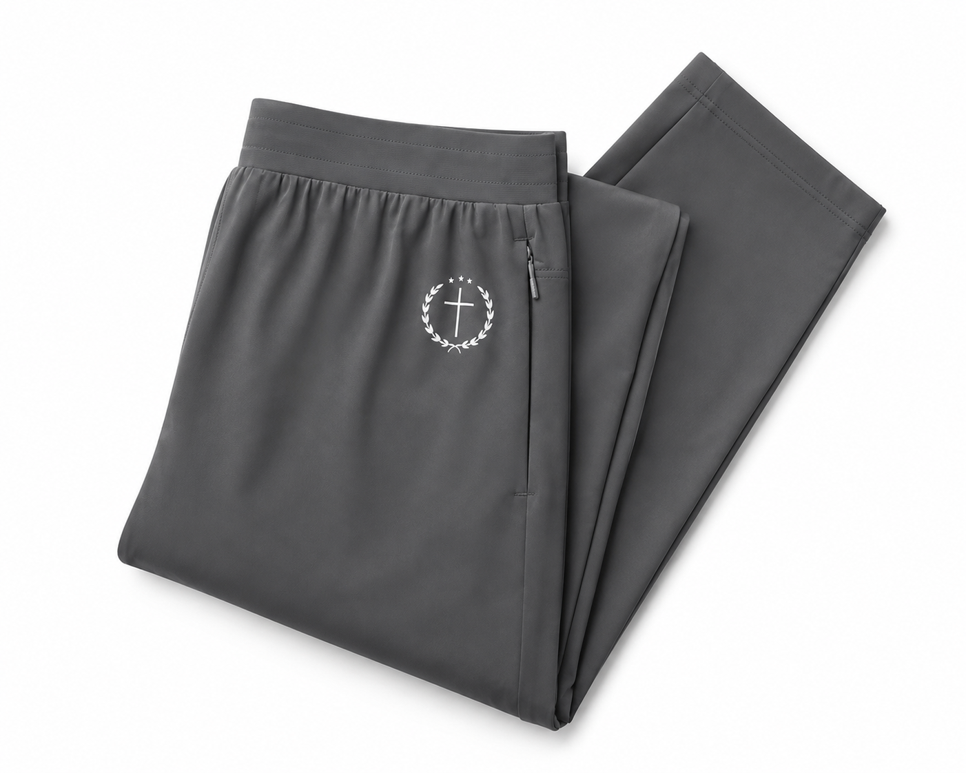 Gray joggers folded, elastic waist and drawstring, circular logo emblem on front