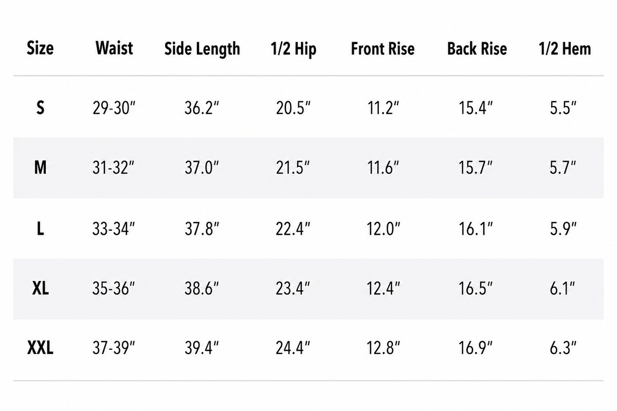 Size chart for men's grey joggers