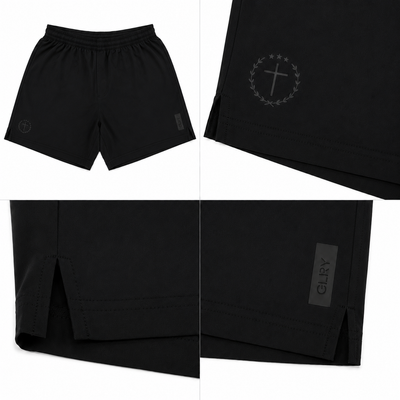 Black 5-inch shorts with elastic waistband, drawstring, side logo and vented hem