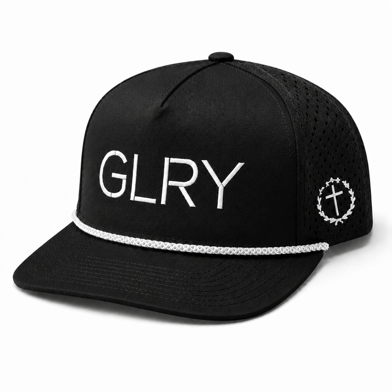 Black rope-band cap with GLRY logo and anchor emblem, perforated side panels, brim.