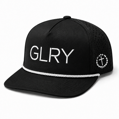 Black rope-band cap with GLRY logo and anchor emblem, perforated side panels, brim.
